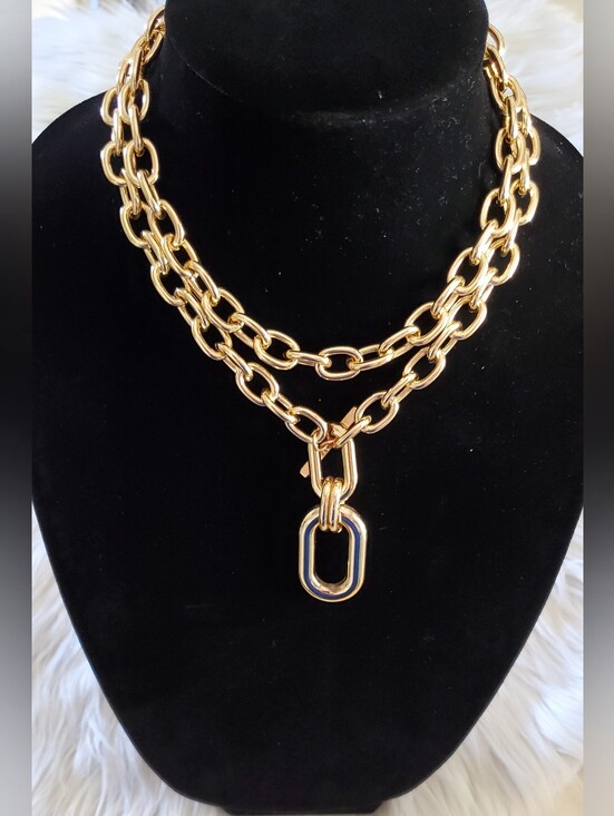 Jewelry - New Gold Tone Chain Link Statement Pendant Necklace Double Strand Lightweight